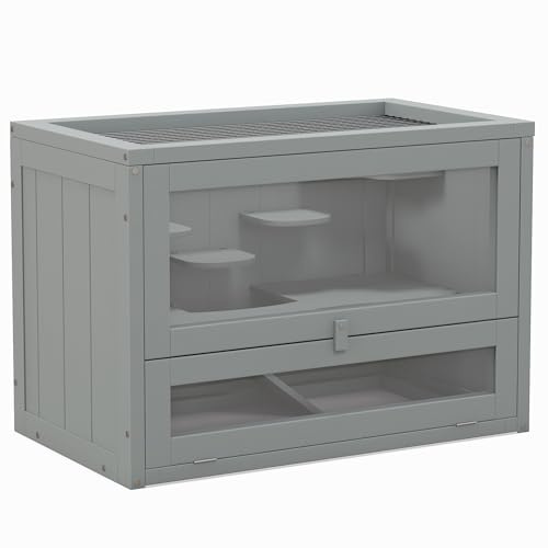 PawHut Wooden Hamster Cage, Gerbil Cage with Platforms, Ramp, Mouse Mice Rodent Small Animals Hutch, Exercise Play House, 60 x 35 x 42cm, Grey