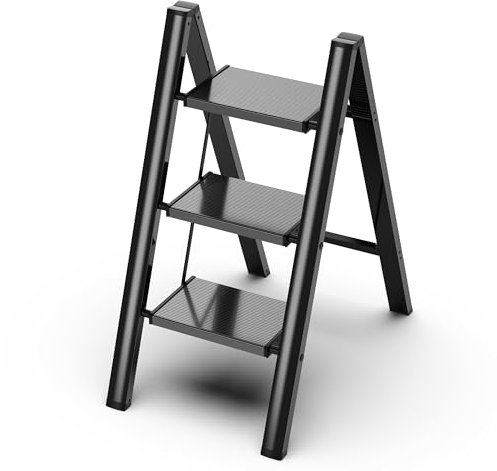 GameGem 3 Step Ladder, Folding Step Stool with Anti-Slip Wide Pedal, Aluminum Material Lightweight yet Sturdy, 150KG Load, Cute Modern Apperance for Indoor Household Spaces, Black