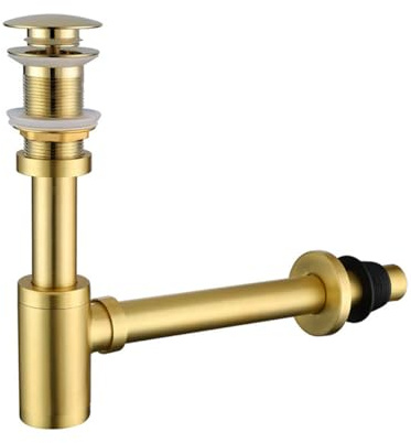 Bathroom Sink Bottle Trap Set, Stainless Steel Basin Sink Stopper P-Trap Set without Overflow, Sink Drain Kit for Bathroom Sink Washbasin (Brushed Gold)