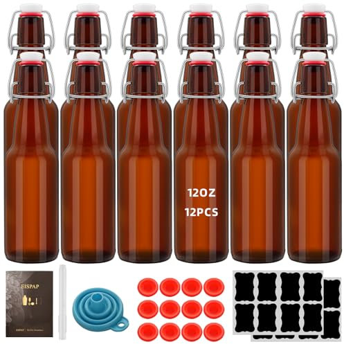 eispap Amber Beer Bottles with Flip Caps, 12oz Glass Bottle with Swinging Top for Airtight Lids, Home Brewing and Fermentation Kombucha, Vanilla Extract, Beverage, Water, Kefir (12)