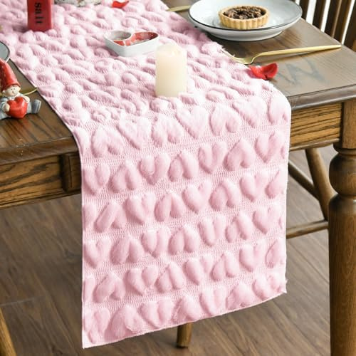 Artoid Mode Weich Plüsch Samt Faux Pelz Jacquard Rosa Herz Valentinstag Tischläufer, Küche Tisch Dekoration Urlaub Party Dekor 33x153 cm