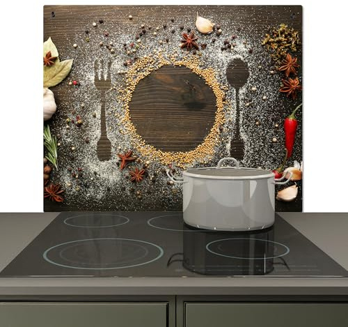 KitchenYeah© Spritzschutz Herd Küchenrückwand Vinyl Küchen Zubehör | 59x51 cm - Küchenwand, Herdabdeckplatten für Ceranfeld Holz - Kräuter - Besteck - Teller