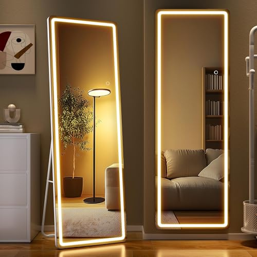 WINNICE Full Length Mirror with Lights, 141 x 40cm LED Lighted Floor Standing Body Mirror, Dimmable & 3 Color Lighting Cloakroom, Dressing Room, Tempered Glass
