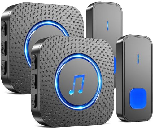 Sonnette sans Fil, 400M Sonnette Portée Exterieur Étanche Electronique, Carillon avec 2 Récepteurs Enfichables pour la Maison, LED Bleu, 55 Mélodies, 5 Volumes (2 noir récepteur + 2 noir émetteur)