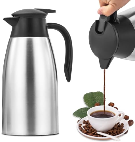 Thermoskanne 2 Liter Edelstahl, Doppelwandige Kaffeekanne Thermo mit Auslaufsicherem Deckel, Isolierkanne 2L für Heiß- und Kaltgetränke, Teekanne Thermo für Büro & Zuhause