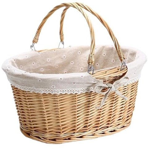 Cesto di vimini con manico, cesto da picnic da 15x11 pollici naturale, da picnic con fodera, cestini per feste, campeggio, barbecue, esterno piccolo