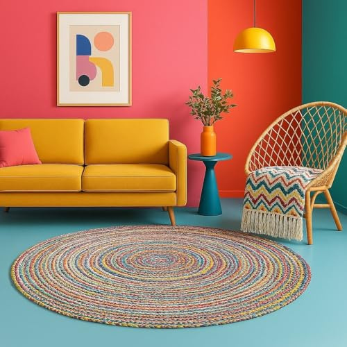 MY-RUG Jute Teppich Rund 150 cm - Sisalteppich Wohnzimmer - Bunt | Handgemachter Naturfaser-Teppich aus 100 % Jute, OEKO-TEX zertifiziert, pflegeleicht, für Staubsaugroboter und Allergiker