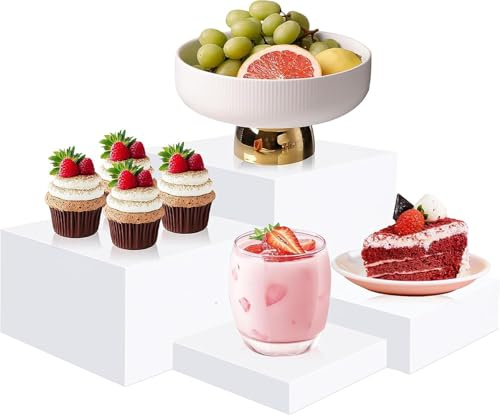 YFNVH Lot de 4 Presentoir Buffet Cube, Presentoir Acrylique Blanc pour Desserts, Supports de Buffet Parties pour Traiteur Aperitif Bijoux Aliments Anniversaire (12.5/15/18/20 cm)