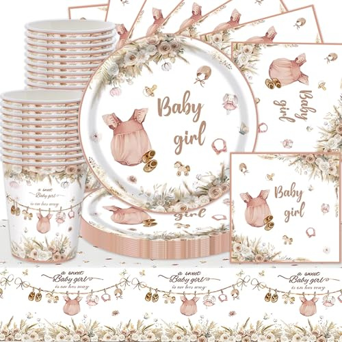 Floral Gender Reveal Baby Shower Party Geschirr, 61Stk Girl Party Dekorationen Zubehör, Bohemian Baby Teller Tissue Cups Tischdecken, Mädchen Dekorationen Zubehör