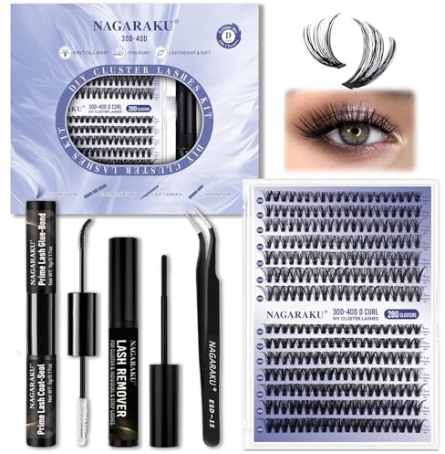 NAGARAKU DIY Wimpern Extension Set Mit 280 Cluster Segmentierte Einzelwimpern, Bindungund Siegel, Pinzette, Kleberentferner， Einsteiger-Kit zur Selbstanwendung (30D & 40D Schwarz, 0,07mm D 9–15mm)