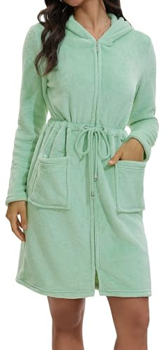 Mnamo Damen Fleece Bademantel mit Kapuze und Reißverschluss Ganzjährig