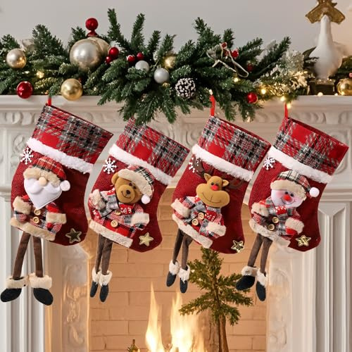 DAJASD 4 Stück Weihnachtsstrumpf, Nikolausstrumpf, Nikolausstiefel Zum Befüllen, Weihnachtsstrumpf Personalisiert und Aufhängen Kreative Puppe für Kamin, Weihnachtsbaum, Wand, Treppe