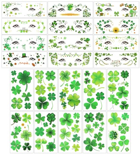 Qpout St. Patrick's Day Klöver tillfälliga tatueringar klöverblad ansikte & kropp makeup tatuering klistermärken för irländska parader, festgåvor, ansikts- och ögonmakeup-tillbehör (2 storlekar)