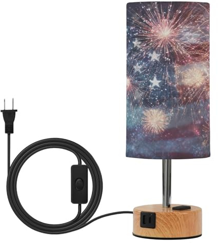 CIJEMAPW Fireworks Bright Touch Table Lamp American Flag 3-Way Dimmable Bedside Lamp with Wood Base for Bedroom, Guest Room, Living Room, Study Room, Office, Desk