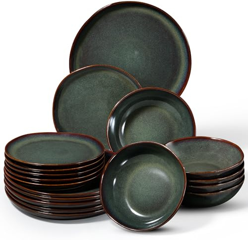 Onader 18 Piece Reactive Glaze Dinner Set for 6 People, Moss Green | Porcelain Dinner Sets, Irregular Round Stoneware Dinnerware Service for 6, Plates and Bowls, Dishwasher & Microwave Safe