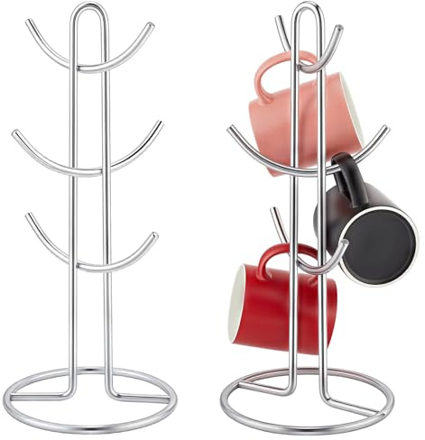 INTERWARM 2 Stück Becherhalterbaum Mit 6 Haken 17.3x39cm Großer Kaffeetassenhalter Aus Eisen Tassenbaum Zur Aufbewahrung Und Organisation von Kaffee Und Tassen (Silberfarben)