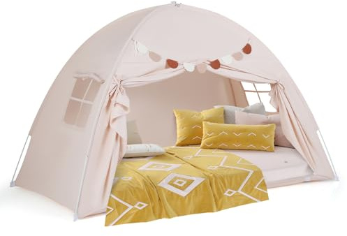 GOPLUS Spielzelt Kinder Indoor, Kinderzelt groß mit 2 Fenstern, Vorhang & Fahnen, Kinderspielzelt für Hochbett und Etagenbetten, Kinderzelt für Mädchen & Jungen ab 3 Jahren, 201 x 100 x 122 cm, Beige