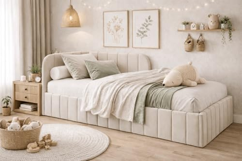 MOEBELPAKET.de Bett Mario 120x200 cm, Metallrahmen, Oeko-Tex, Beige, Links | Betten Mario, Polsterbett, Jugendbett mit Bettkasten, Eleganter Riviera-Stoff