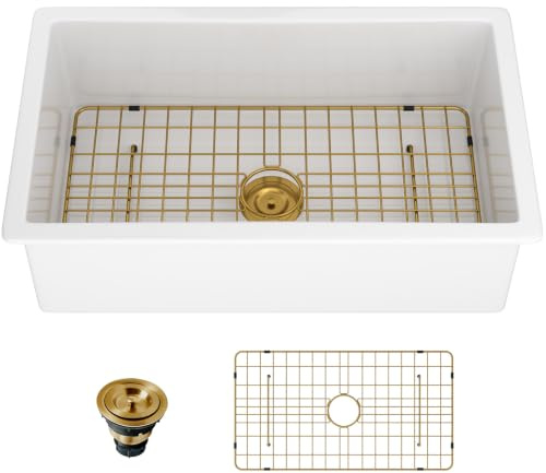 Lordear Glossy White Undermount Kitchen Sink 30 Inch Fireclay Porcelain Ceramic sinks Single Bowl Basin 30x18x10 Inch