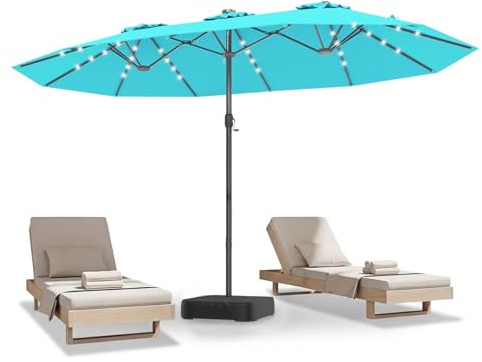 COSTWAY Ombrellone Doppio da Giardino 450 x 260 cm, con 48 Luci LED e Base, Ombrellone Rettangolare con Manovella, per Giardino Piscina Cortile (Turchese)