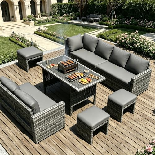 YODOLLA 7-teilig Rattan Gartenmöbel Set für 9-10 Personen, Allwetter Gartenlounge Set & Sitzgruppe Outdoor mit Esstisch & Hockern, Modulare Terrassenmöbel Außen aus rostfreiem Stahl, Dunkelgrau