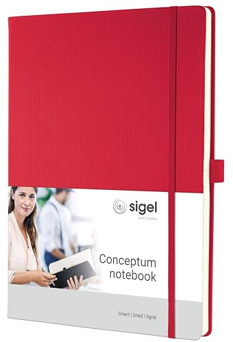 SIGEL CO645 Premium Notizbuch A4 liniert rot, Hardcover, 194 nummerierte Seiten, nachhaltiges Papier, mit Inhaltsverzeichnis, Stiftschlaufe, Falttasche, Gummibandverschluss, Conceptum