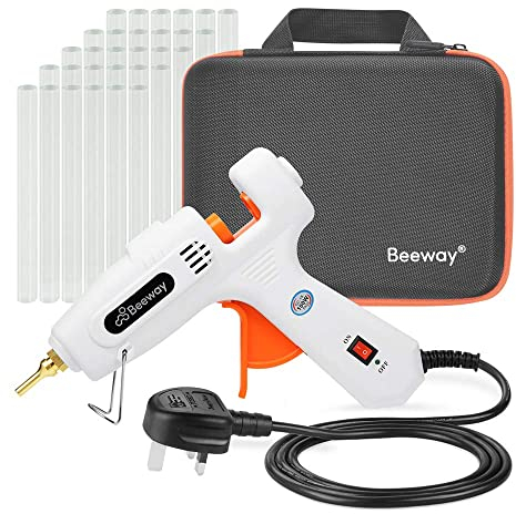 Beeway Pistola per colla a caldo, 100 W, con 30 pezzi, 11,2 mm x 150 mm, con ugello in rame extra lungo, valigetta compatta