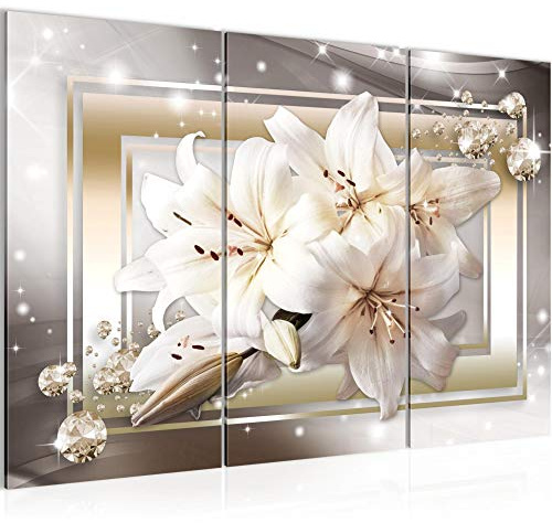 Runa Art Wandbilder Blumen Lilien Bild XXL Wohnzimmer Schlafzimmer Beige Braun Diamant 120 x 80 cm 3 Teilig 021731a