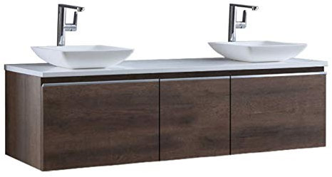 StoneArt Badmöbel Set Mineralguss Waschbecken Waschschale Aufsatzwaschbecken und Unterschrank Waschtisch Einzel- oder Doppelwaschbecken Milano ME-1600pro-2 Eiche dunkel 160cm
