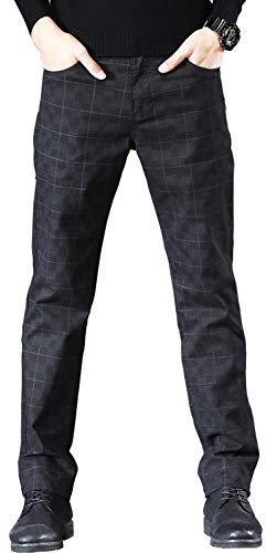 HENGAO Men's Regular Fit Plaid Chino Pants Jeans, Black, 36