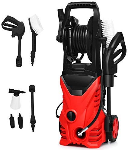 COSTWAY Nettoyeur Haute Pression 1800W 140Bar 300L/H (Rouge) | Laveur à pression avec 1 Buse Lotus et 1 Buse Haute Pression, Flexible 5 Mètres Roues et Poignée Centrale, Connexion Rapide