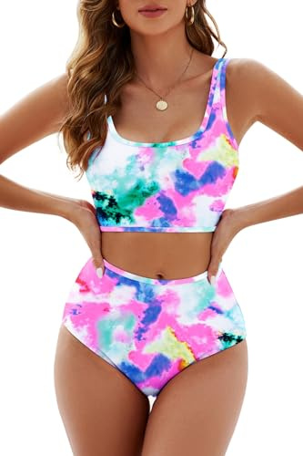 Womens High Waisted Bikini Tie Dye Bandeau Top Rainbow Sports Style Low Scoop Crop Swimsuits Two Piece Bathing Suits, Red, XL