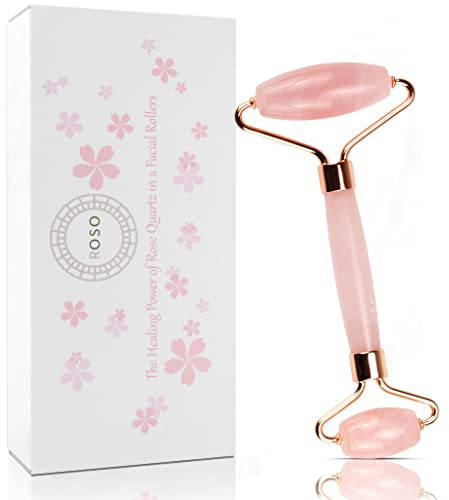 ROSO Roller Viso in Quarzo Rosa + Gua Sha – Massaggiatore Antiage per Viso e Collo – Riduce Gonfiore, Occhiaie e Rughe – Accessorio Skincare con Confezione Regalo