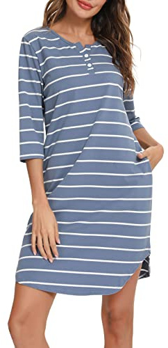 Vlazom 3/4 Ärmel Nachthemd V-Ausschnitt Damen Nachthemd mit Zwei Knöpfe Baumwolle Streifen Schlafhemd Damen Nachtwäsche mit Taschen(XL,Stil A-Hellblau)