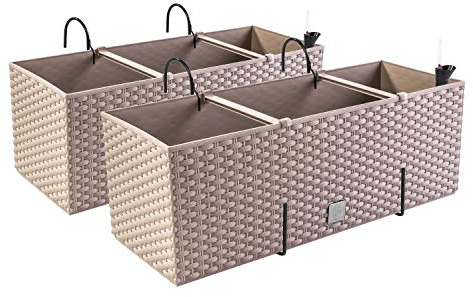 PAFEN - 2 maceteros en aspecto de ratán con soportes, indicador de nivel de agua para balcón, jardineras