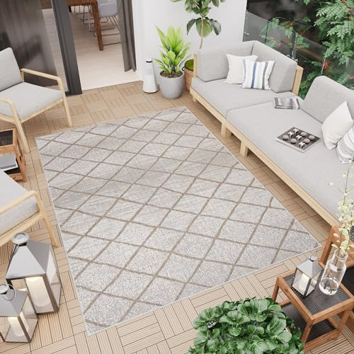 TAPISO Capri Teppich Outdoor Beige Braun Karo Flachgewebe Sisaloptik Balkon Terrasse Küche Indoor Wetterfest Wasserfest UV-Beständig 80 x 150 cm