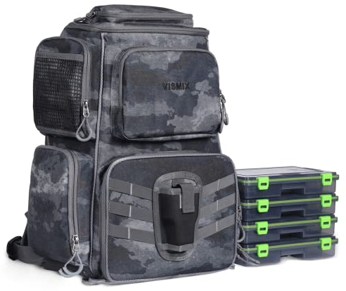 VISMIX Angelausrüstungsrucksack mit 4 Tackle-Boxen, große wasserdichte Angeltasche, Aufbewahrung, Rucksack für Forellenangeln im Freien