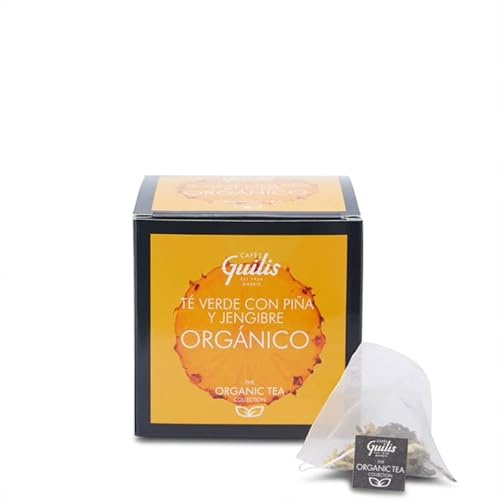 CAFES GUILIS DESDE 1928 AMANTES DEL CAFE Té verde con Piña y Jengibre Orgánicos en Hoja Caja 15 pirámides - Pack 4