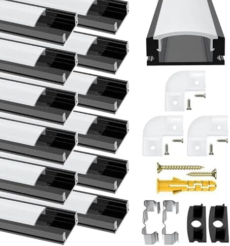 Schwarz LED Streifen Profil U Form, 12 Pack Aluminium Kanal Schwarz Schiene Eckprofil mit Milchiger Weißer Abdeckung, Endkappen, Montage Clips und 90 Grad Eckverbindern für LED Streifen Light Diffusor