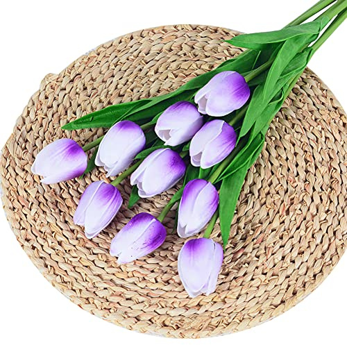10 Köpfe Künstliche Tulpen Blumen,Gefälschter Tulpenstrauß PU Real Touch Latex Kunstblumen Tulpen Strauß,Kunst Tulpen Deko Kunstpflanze für Hochzeit Hause Party Festival Blumenarrangements,Lila Weiß