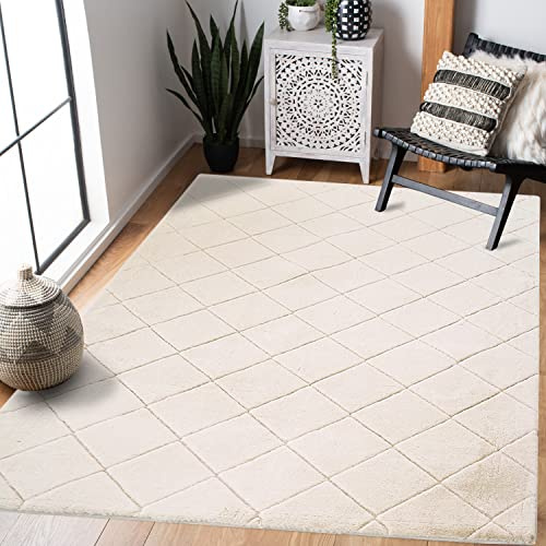 payé Teppich - Wohnzimmer Kuschwelweich 80x150cm Pastell Creme Flauschig Karo Muster Modern Deko Teppiche Weich Schlafzimmer