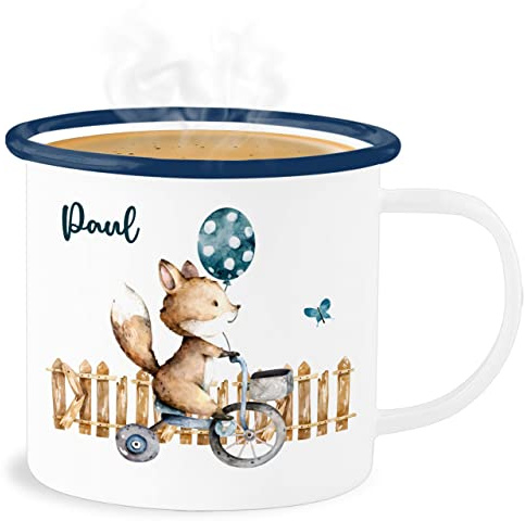Emaille Becher Blechbecher - Tiere - Süßer Fuchs Kinder - 300 ml - Weiß Blau - mug kindergarten personalisierte geschenke personalisieren tasse child tier tassen für tieren tiermotiv name kleine