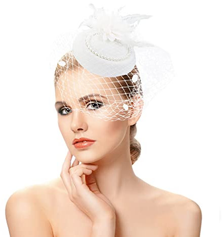 Fascinator Damen, Fascinator Damen Hut Perle Blume Feder Kopfbedeckung Cocktail Party Pillbox Hut mit Schleier Haarspangen Kirche Hochzeit Elegant Kopfschmuck Tea Party Stirnband Headwear