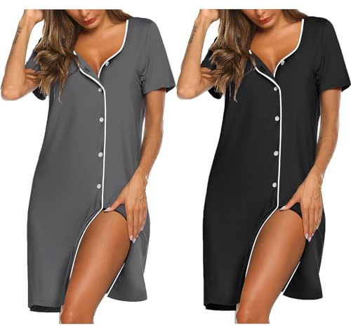 Ekouaer Nightgowns for Women 2 Pack Button Down Sleepshirt Short Sleeve Nightshirt Soft Sleepwear V Neck Pajama Dress Black/Grey L
