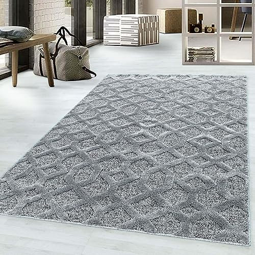 Taracarpet Kurzflor Teppich Skandi Boho für Wohnzimmer Designerteppich Tokio hoch-tief Struktur Gitter grau 120x170 cm