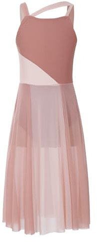 inhzoy Mädchen Lyrische Tanzkleider Lange Ballettkleid Tanzbody Gymnastik Trikot Leotard mit Tüllrock Ballerina Kleid Moderne Tanz Outfits Hellbraun 146-152