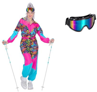 MIMIKRY 80er Jahre Ski-Anzug Graffiti Damen-Kostüm mit Brille 80's Overall Einteiler Trash Apres Ski