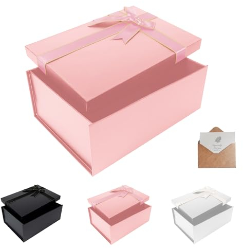Geschenkbox mit Deckel,33x25x12.5cm,Rosa Geschenkverpackungskasten mit Grußkarten,Gift Box,Geschenkverpackungsboxen für Vatertag, Muttertag, Weihnachten, Ostern, Valentinstag, Geburtstage und mehr