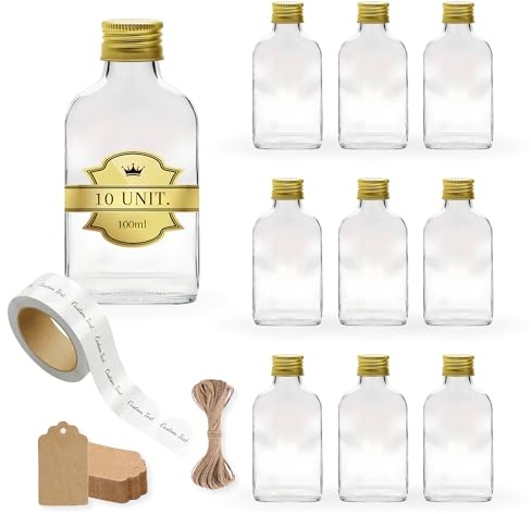 20x Bouteilles en Verre 100ml Style Flasque à Alcool avec Bouchon a Vis Doré + 20 Étiquettes Personnalisées + 20 Étiquettes Kraft + Ficelle - Flacon pour Whiskey, Rhum, Liqueur - Fioles de Poche