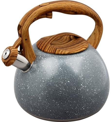 Tea Kettle, 2.7 Quart / 3 Liter Whistling Tea Kettle Stovetop, Tea Pots for Stove Top Food Grade Stainless Steel with Wood Pattern Handle, Grey Teapot